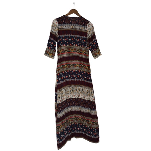 Boho Patchwork Maxi Dress‎ Floral Print Button Front V Neck 3/4 Sleeve - Picture 3 of 11